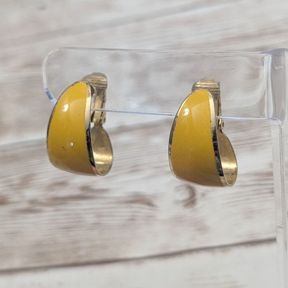 Vintage Clip On Earrings Mustard Yellow Elongated Hoops - Fair Condition